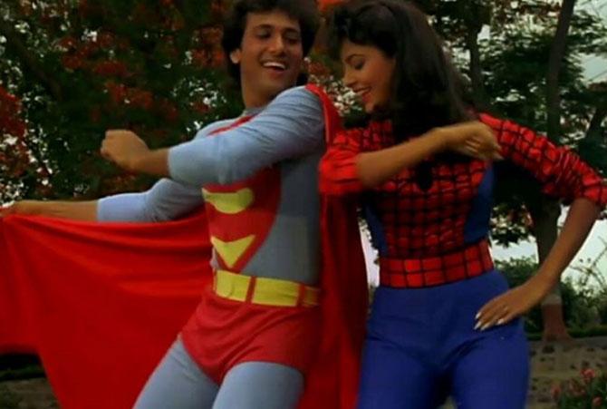 Kimi Katkar and Govinda dressed in superhero costumes for a song from the film 'Dariya Dil'