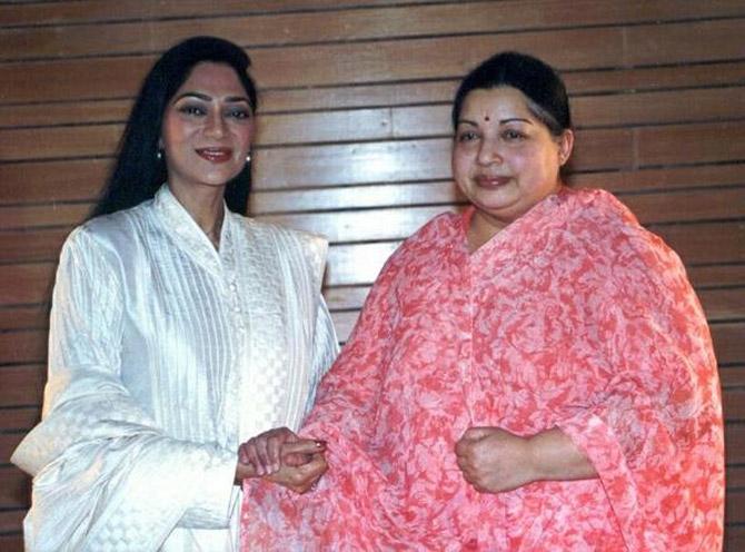 Simi Garewal shares a warm handshake with the late actor and politician Jayalalithaa.