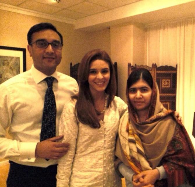 Raageshwari Loomba and husband Sudhanshu Swaroop with Malala Yousafzai