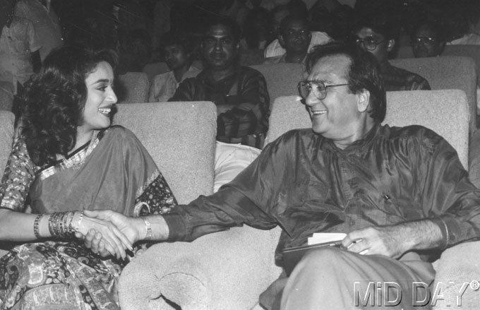 Sunil Dutt's last Bollywood releases were Yash Chopra's Parampara (1992) and J.P. Dutta's Kshatriya (1993), after which he retired from the film industry in the early 1990s and embarked on a career in politics. Although the actor came out of retirement for Rajkumar Hirani's movie Munnabhai MBBS (2003) to play Sanjay Dutt's on-screen dad. Sunil Dutt shared the screen with his son Sanjay for the first time although they had appeared earlier in Rocky (1981) and Kshatriya (1993) but not in the same scenes together. Pictured: Dutt and Madhuri Dixit