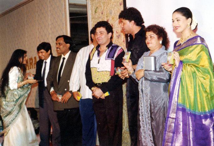 When his father, the late Raj Kapoor, casually spoke about including a young Rishi Kapoor in his project 'Mera Naam Joker', he was thrilled. 'I ran into my room, took a sheet and started practising signing autographs. Cinema has its own charm. Movies are magical,' said Rishi Kapoor to mid-day.
In picture: Rishi Kapoor with Annu Malik, Saroj Khan and Madhuri Dixit.