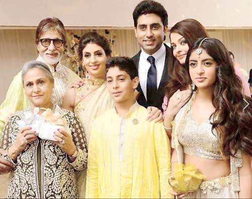 In 2018, Shweta Bachchan Nanda also made her screen debut alongside her megastar father Amitabh Bachchan in an advertisement for a jewellery brand. However, the ad was later withdrawn after legal action was threatened against the brand for portraying bank employees in a negative light. In picture: Shweta Bachchan Nanda with dad Amitabh Bachchan, mom Jaya Bachchan, brother Abhishek Bachchan, sister-in-law Aishwarya Rai Bachchan, son Agastya and daughter Navya Naveli Nanda at a family get-together.