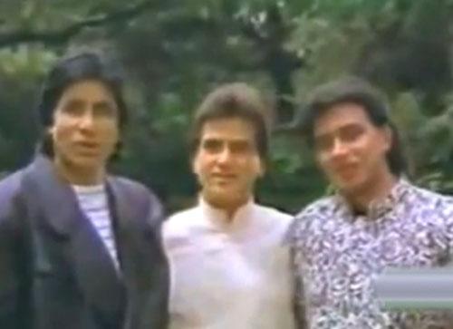 Amitabh Bachchan, Jeetendra and Mithun Chakraborty in the song Mile Sur Mera Tumhara, which promoted national integration and unity in diversity.
