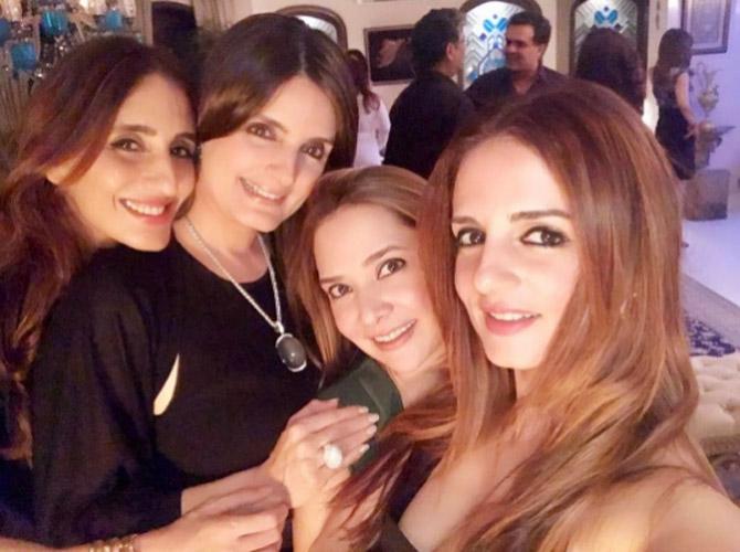 'My mum (Zarine) and sisters (Farah Khan Ali and Simone Arora) have been key players in my life and more importantly my careers,' said Sussanne. In picture: Sussanne Khan with sisters Farah Khan Ali and Simone Arora, and sister-in-law Malaika Parekh, wife of Zayed Khan.