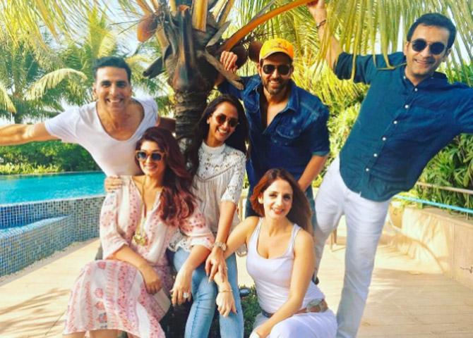 Looking back at her career, Sussanne Khan said, 'I'm extremely grateful for the way my career has panned out. My journey thus far has been satisfying and especially as the Style Editor for The Label Life, curating The Power Dressing Edit, knowing we are catering to the modern Indian women.' In picture: Sussanne Khan and Hrithik Roshan often holiday together with their kids and friends. In this picture, they are joined by Akshay Kumar, Twinkle Khanna, Gayatri Joshi and Vikas Oberoi