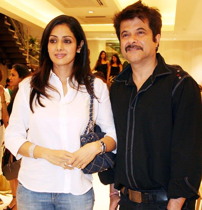 Sridevi with brother-in-law and frequent co-star Anil Kapoor. They were a leading pair in many top Bollywood films of the 1980s and 1990s most notably Janbaaz (1987), Mr India (1987), Lamhe (1991), Gurudev (1993), Roop Ki Rani Choron Ka Raja (1993), Laadla (1994), Mr Bechara (1996) and Judaai (1997).