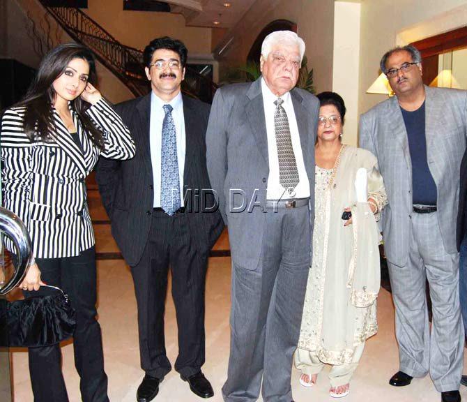 Sridevi pictured here with husband Boney Kapoor (extreme right) and Boney's parents Surinder Kapoor and Nirmal Kapoor (second and third from left) and Sandeep Marwah.