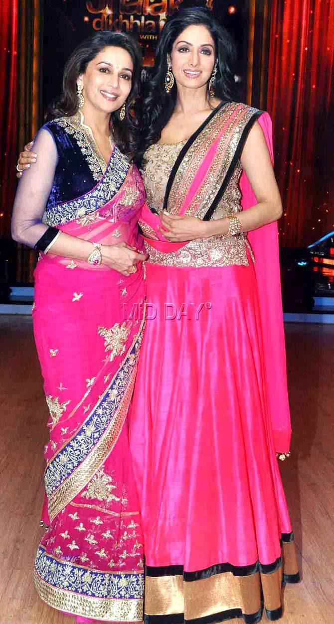 Sridevi with Madhuri Dixit on the sets of a popular dance reality TV show. Both actresses were believed to have an intense rivalry as leading ladies in the 1980s and 1990s with their respective fans taking sides.
