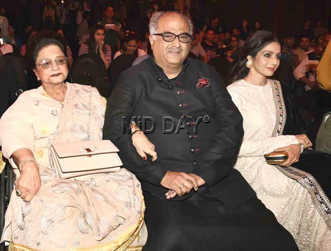 Sridevi with husband Boney Kapoor and mother-in-law Nirmal Kapoor at an event.