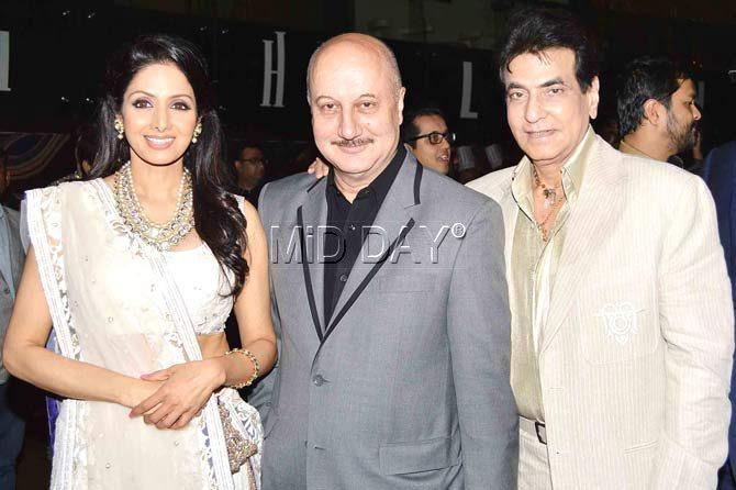 Sridevi with her frequent co-stars Anupam Kher and Jeetendra. Her 1983 film Himmatwala with Jumping Jack was a commercial success, which catapulted her into superstardom.