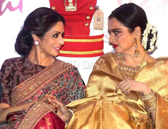 Sridevi and Rekha in conversation at an event. The veteran actress made a special appearance in the Chandni star's 1986 hit Janbaaz, which also starred Anil Kapoor, Dimple Kapadia and Feroz Khan.