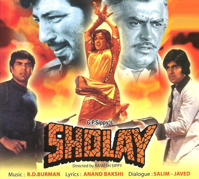 An alternate poster of Sholay depicting lead cast members Dharmendra, Amitabh Bachchan, Hema Malini, Amjad Khan and Sanjeev Kumar.