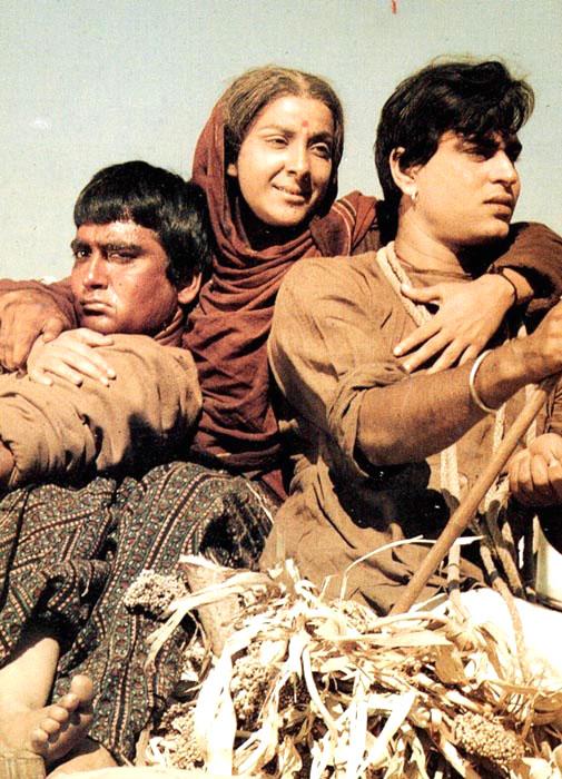 Nargis with Sunil Dutt and Rajendra Kumar in Mother India. The film was a remake of director Mehboob Khan's 1940 film Aurat. Its title was chosen to counter American author Katherine Mayo's controversial 1927 book titled Mother India, which vilified Indian culture.