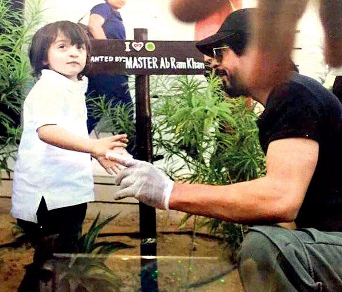 This picture of SRK and tot AbRam had gone viral. It was said to have been taken during the Bhuj schedule of Shah Rukh Khan's film Raees. The two were part of a tree-planting campaign and the plaque states that the sapling was planted by AbRam.