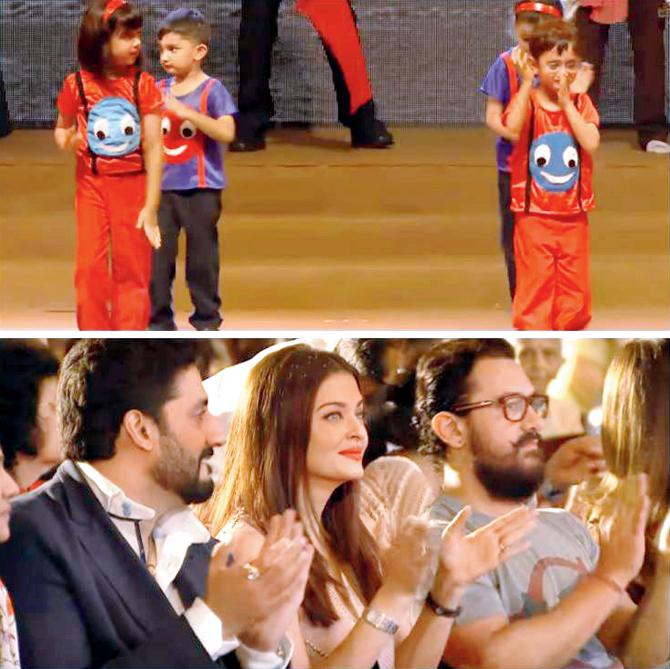 Aaradhya Bachchan and Azad Rao Khan performed together at their school function. The star kids wore identical costumes as they matched steps to yesteryear song 'Rail Gaadi'. Abhishek Bachchan along with wife Aishwarya, and Aamir Khan were spotted in the front row, cheering for the kids.