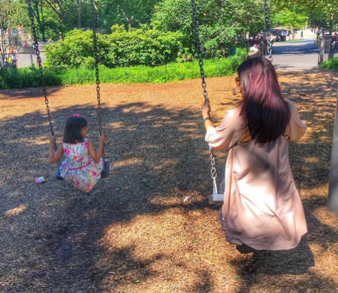 Aishwarya Rai Bachchan ensures she takes time out from her hectic schedule for her daughter Aaradhya. Seen here is the mother-daughter duo enjoying the swing.