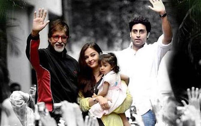 'I will now choose whatever work I do in professional career based on Aaradhya. I would not personally, currently, like to make a film which I feel Aaradhya would feel awkward watching,' Jr. Bachchan said. In picture: This photo of Amitabh Bachchan with Aishwarya Rai Bachchan, Aaradhya Bachchan and Abhishek Bachchan is from a meet-and-greet session of the superstar with his fans every Sunday.