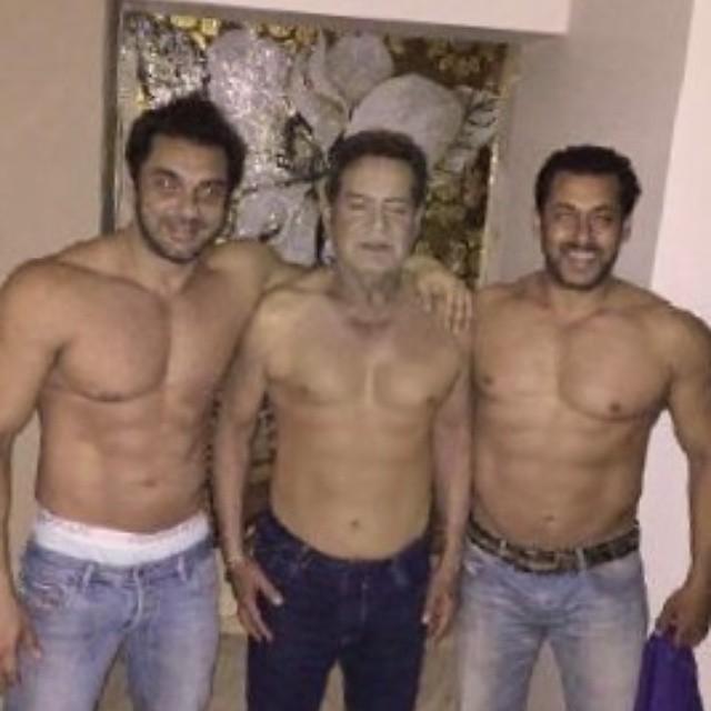 Salim Khan and Javed Akhtar have spent most of their career working together for Bollywood, where Salim Khan was largely responsible for developing the stories and characters around the movie, Javed Akhtar developed hard-hitting dialogues for the script. The Salim-Javed duo revolutionised Indian cinema in the 1970s.  In picture: Salman Khan, Salim Khan and Sohail Khan went shirtless for this picture! It seems Salman has gotten his swag from dad Salim.