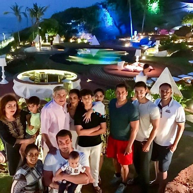Salman Khan with Atul Agnihotri, Arpita Khan Sharma, Sohail Khan and other family members during a holiday to Goa. Here's wishing a very happy birthday to Salim Khan!