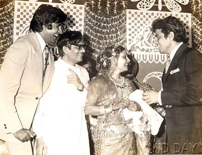He went on to star in movies like Parichay and Kinara, and over-the-top commercial outings like Mawaali, Himmatwala and Tohfa.
Pictured: Amitabh Bachchan and Jeetendra share a joke with the bride and groom Rakhee and Gulzar during their wedding in April 1973.