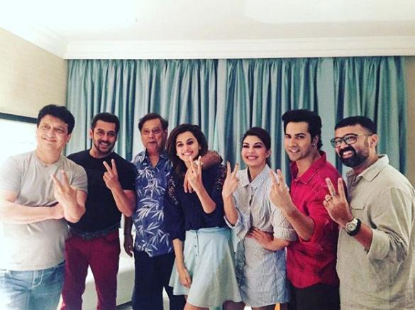 (L-R) Sajid Nadiadwala, Salman Khan, David Dhawan, Taapsee Pannu, Jacqueline Fernandez and Varun Dhawan. Varun captioned the image, '#judwaa2 just got bigger. Shot with my childhood hero @beingsalmankhan. I've grown old but he's definitely the same. Can't wait SEPT 29th (sic).' Judwaa 2 became one of many box-office hits for Varun and the film went on to gross over Rs 200 crore.