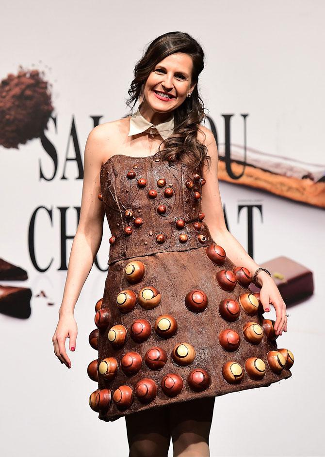 Models clad in dresses made of chocolate walked the ramp