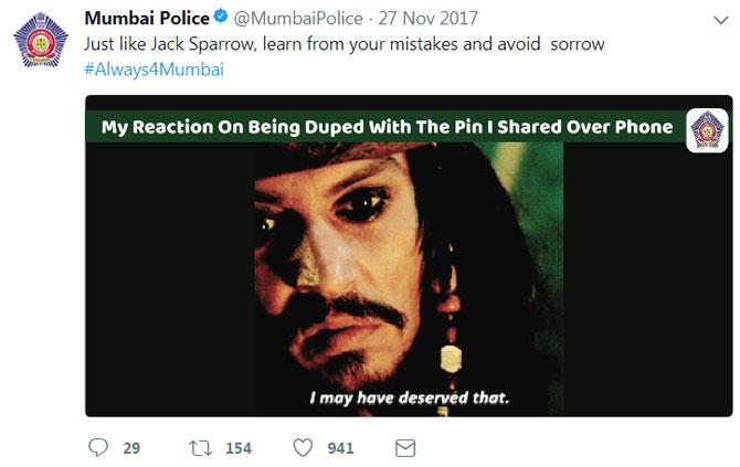 Taking a page out of Jack Sparrow's book, @MumbaiPolice urges all fans and non-fans of the 'Pirates of the Carribean' to not share their Personal Identification Numbers over the phone