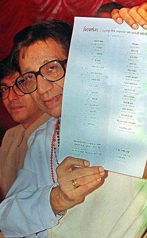 Bal Thackeray holds up the list of party candidates on January 9, 1998, for the national polls in which his party, in alliance with the BJP, was making a bid to capture power at New Delhi