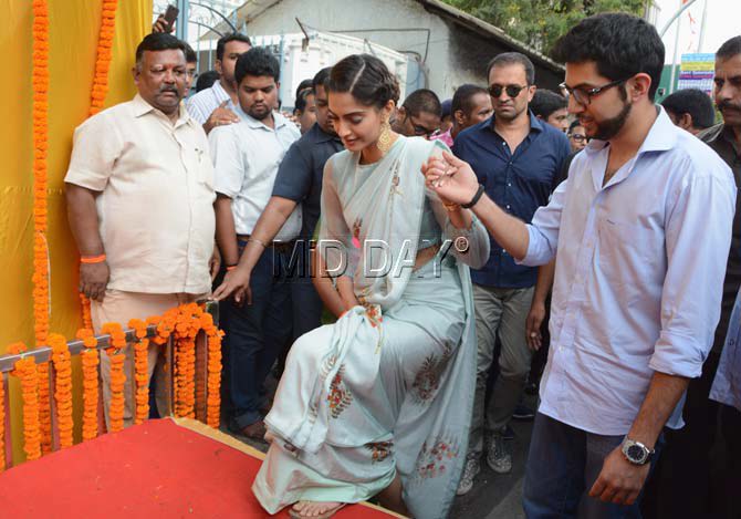 Aaditya Thackeray had once said that his upbringing, by his grandparents and parents, has always taught him to be one amongst the family of Sainiks. In picture: Aaditya Thackeray with Sonam Kapoor at the inauguration of Neerja Bhanot Chowk in Mumbai