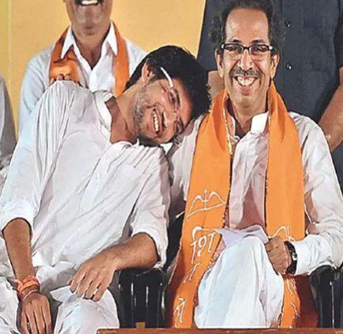 Aaditya Thackeray studied law at St Xaviers' College in Mumbai and got interested in party-related work in 2008. In photo: Aaditya Thackeray shares a candid moment with his father Uddhav Thackeray.
