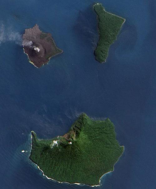 The image received by NASA's Earth Observing-1 satellite shows the view from space of the site of one of the largest volcanic eruptions in the 19th century, Krakatoa (top L), between Indonesia's islands of Java and Sumatra, with a wispy ash plume rising above the volcano on July 31, 2011. In 1883, a volcano shattered the Pacific island of Krakatoa, causing a blast so loud that it could be heard 4,500 kilometres away, followed by a tsunami that killed some 30,000 people.