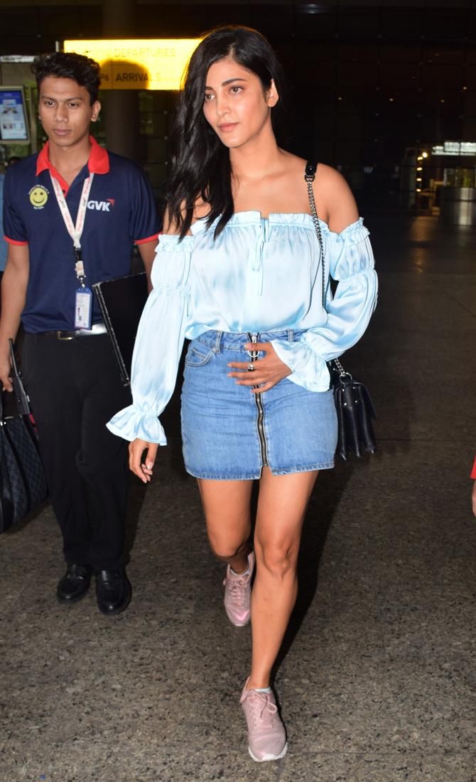 Shruti Haasan was spotted wearing a pale blue crop top and a denim mini skirt. Shruti Haasan's spokesperson confirmed the news of her joining the team in Goa for the film shoot, which is expected to go on for a few more weeks. 'Soon after completing the shoot for this film, Shruti is expected to resume shoot on her father Kamal Haasan's bilingual project Sabash Naidu', added the spokesperson
