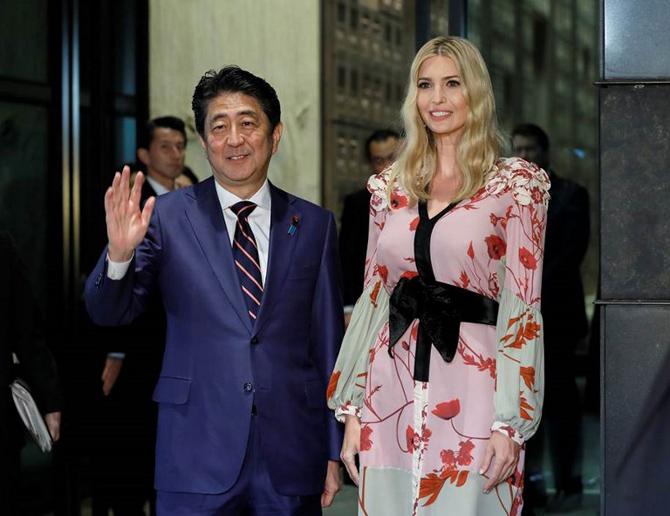 Ivanka Trump was welcomed by Japanese Prime Minister Shinzo Abe for a dinner at a restaurant in Tokyo on November 3, 2017