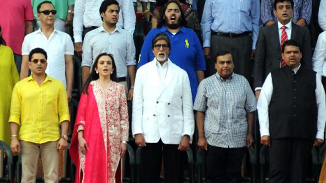 He would occasionally be present during IPL matches played by Mumbai Indians, a franchise owned by his mother Nita Ambani. Pic/AFP In picture: Ambani family with Amitabh Bachchan, Sachin Tendulkar, Devendra Fadnavis and Vidhu Vinod Chopra