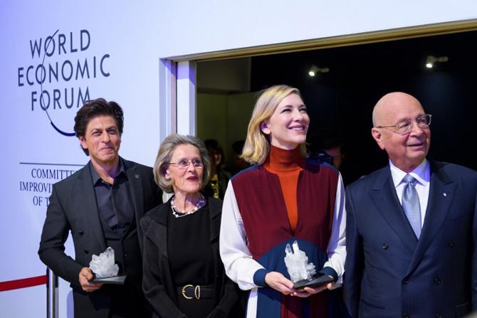 Shah Rukh Khan, Schwab Foundation for Social Entrepreneurship Chairperson and Co-Founder Hilde Schwab, Australian actress Cate Blanchett and Founder and Executive Chairman of the World Economic Forum (WEF) Klaus Schwab pose after the Crystal Award ceremony ahead of the World Economic Forum (WEF) 2018 annual meeting. Pic/AFP Shah Rukh Khan, Schwab Foundation for Social Entrepreneurship Chairperson and Co-Founder Hilde Schwab, Australian actress Cate Blanchett and Founder and Executive Chairman of the World Economic Forum (WEF) Klaus Schwab pose after the Crystal Award ceremony ahead of the World Economic Forum (WEF) 2018 annual meeting. Pic/AFP