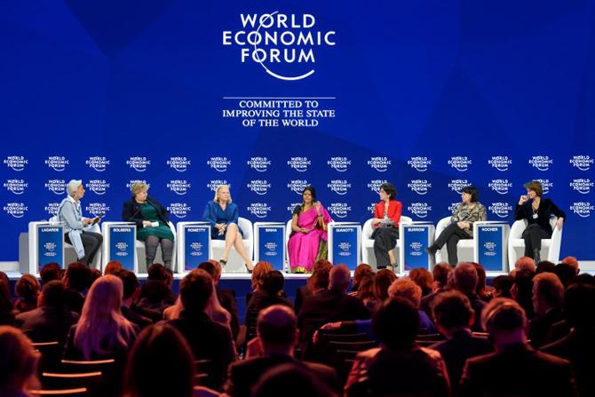 The Co-Chairs of the annual World Economic Forum (WEF) International Monetary Fund (IMF) Managing Director Christine Lagarde and Prime Minister of Norway Erna Solberg, IBM Chairperson and CEO Ginni Rometty, Founder and Chair of Mann Deshi Foundation Chetna Sinha, European Organization for Nuclear Research (CERN) Director-General Fabiola Gianotti, International Trade Union Confederation (ITUC) General Secretary Sharan Burrow and ENGIE CEO Isabelle Kocher attend a session of the annual World Economic Forum (WEF). Pic/AFP The Co-Chairs of the annual World Economic Forum (WEF) International Monetary Fund (IMF) Managing Director Christine Lagarde and Prime Minister of Norway Erna Solberg, IBM Chairperson and CEO Ginni Rometty, Founder and Chair of Mann Deshi Foundation Chetna Sinha, European Organization for Nuclear Research (CERN) Director-General Fabiola Gianotti, International Trade Union Confederation (ITUC) General Secretary Sharan Burrow and ENGIE CEO Isabelle Kocher attend a session of the annual World Economic Forum (WEF). Pic/AFP