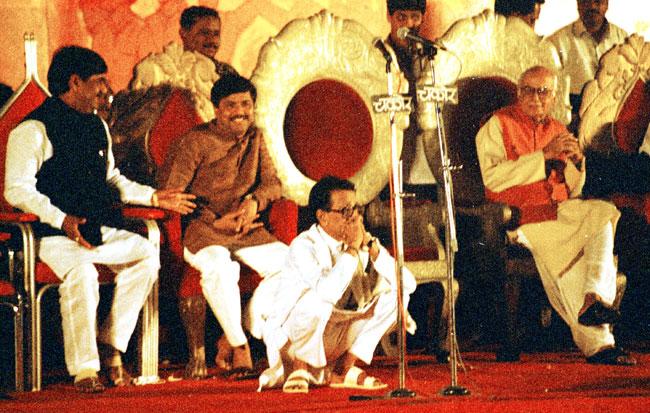 Gopinath Munde's true political calling came after his release in 1977 when he attended a training camp of the Rashtriya Swayamsevak Sangh in Pune after his release. Munde subsequently took over an executive committee member of the Pune unit In pic: Gopinath Munde, Pramod Mahajan, Bal Thackeray (on the floor) and L K Advani at a public meeting at Girgaum Chowpatty in Mumbai