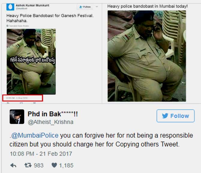 Twitterati applauded Mumbai Police's response even as they slammed the celebrity. They were especially angry about the body shaming aspect of her tweet. At a time when the spotlight is on body shaming, De's comment drew a lot of criticism. Here are a couple of examples: 'Kudos @MumbaiPolice for standing up for dignity! Seems celebs look out for their own image but put down ors. About time people called it out'. Another tweeted, 'if body shaming is worthy of condemnation for women, men deserve the same. Gender equality needs advocates, not your puns.' Twitterati applauded Mumbai Police's response even as they slammed the celebrity. They were especially angry about the body shaming aspect of her tweet. At a time when the spotlight is on body shaming, De's comment drew a lot of criticism. Here are a couple of examples: 'Kudos @MumbaiPolice for standing up for dignity! Seems celebs look out for their own image but put down ors. About time people called it out'. Another tweeted, 'if body shaming is worthy of condemnation for women, men deserve the same. Gender equality needs advocates, not your puns.'