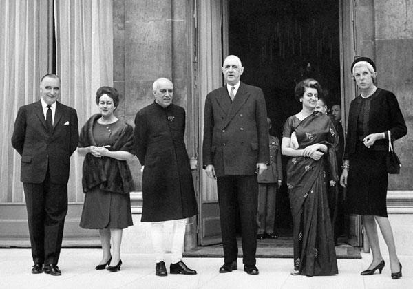From left: French Premier Georges Pompidou, Yvonne de Gaulle, Indian Prime Minister Pandit Jawaharlal Nehru, French President General Charles de Gaulle, Indira Gandhi and Claude Pompidou, pose for the media on September 22, 1962 at the Elysee Palace in Paris.
