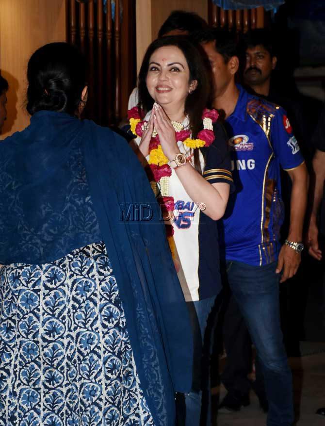 The Ambanis and Piramals sported a traditional look except Nita Ambani. Nita Ambani was wearing her cricket team's jersey