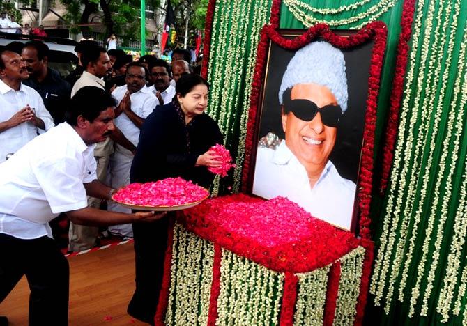 Jayalalithaa and MG Ramachandran (MGR) starred in about 28 films together and became the most successful onscreen couple of all time with the masses. It was MGR who launched her political career after movies In picture: Jayalalithaa visits a portrait of party founder MG Ramachandran in Chennai on May 20, 2016