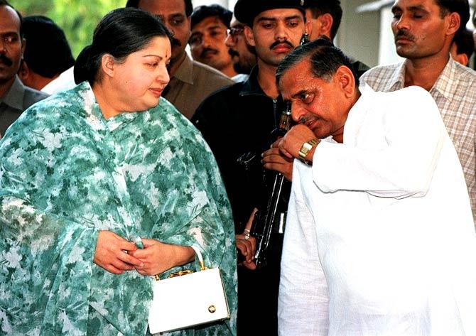 Jayalalithaa was a member of the Rajya Sabha, elected from Tamil Nadu, from 1984 to 1989  In picture: Jayalalithaa chats with Samajwadi Party chief Mulayam Singh Yadav during a meeting of opposition parties at his residence on April, 21 1999 in New Delhi
