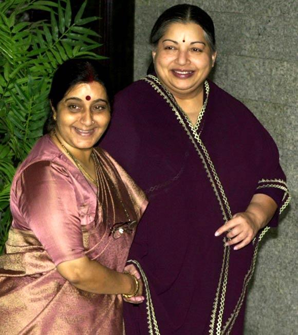 Jayalalithaa figures in the Guinness Book of World Records for hosting the 'largest wedding banquet/reception'. In 1995, she organised a massive and lavish wedding for her foster son Sudagaran. Over 1,50,000 guests were invited at a 50-acre ground in Chennai, a move that was criticised in the media Leader of the All India Anna Dravida Munnetra Kazhagam (AIMDMK) political party and Chief Minister of Tamil Nadu J.Jayalalithaa (R) with the late Sushma Swaraj in 2004