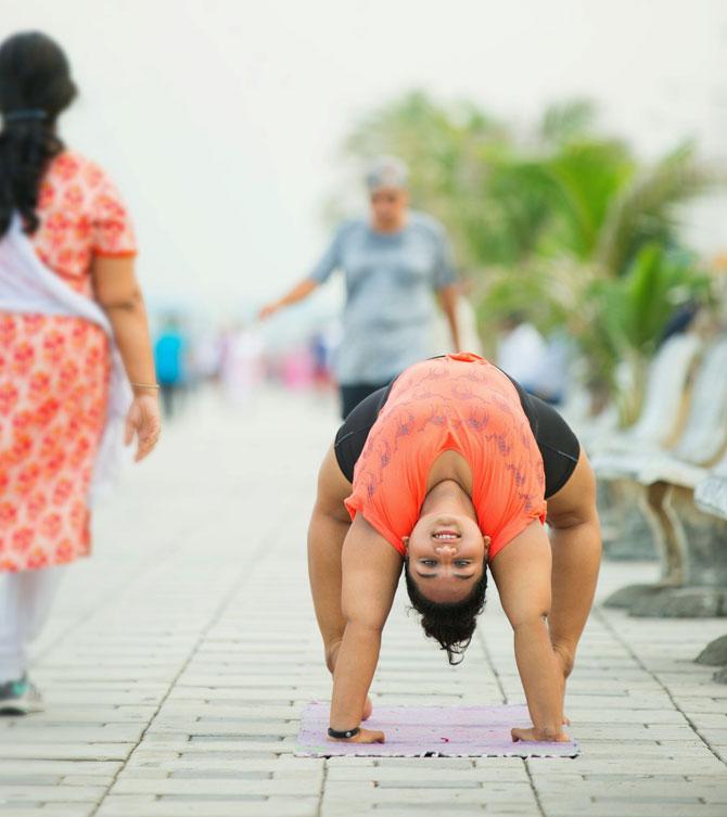 Monica Sahu did her first headstand with the help of a friend when she was 89kg. She loves vinyasa yoga