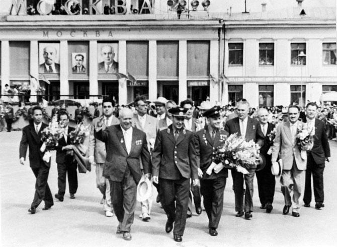 Soviet leader Nikita Khrushchev (L) accompanied by Soviet cosmonaut Yuri Gagarin (R) welcomes Soviet cosmonaut Guerman Titov (C) after the Vostok 2 space mission at the airport in Moscow. Guerman Titov became the first astronaut to spend a full day (25,3 hours) in space. Pic/AFP