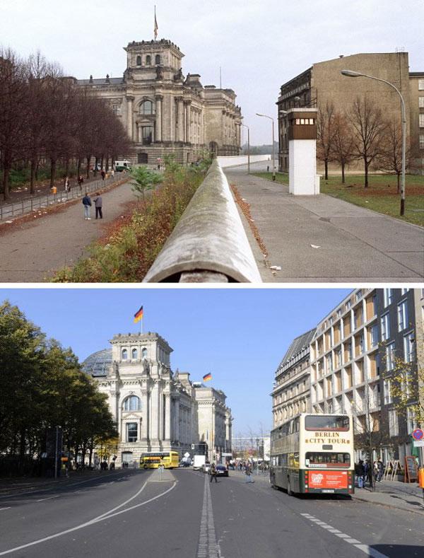 Combo shows two pictures of the German Reichstag building (back L) one with the Berlin Wall (top) taken on November 10, 1989, and the same view (bottom) taken twenty years later on October 20, 2009 without the wall