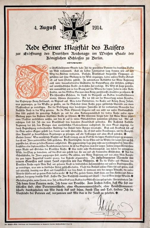 A German general mobilization poster dated August 1914 at the beginning of the First World War