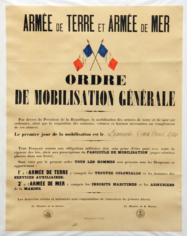 A picture released by the Historial de Pu00c3u00a9ronne, Museum of WW1, shows a general mobilization poster that was plastered on a wall in France at the beginning of the First World War in August 1914.