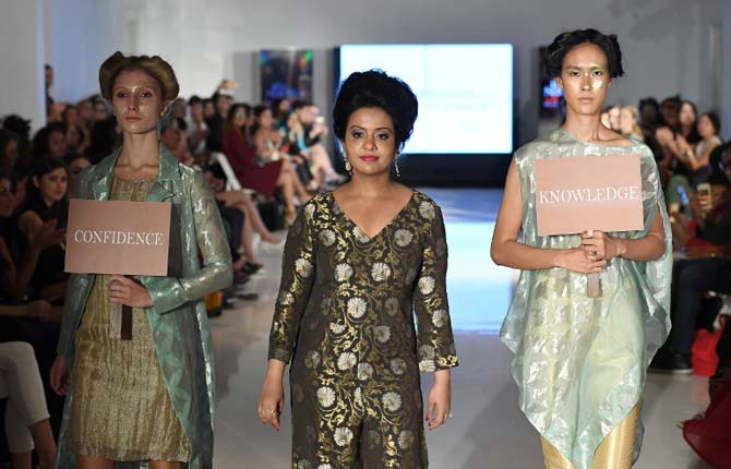 In a show choreographed by Lubna Adams, she walked in a handloom Indo-western ensemble designed by the students.