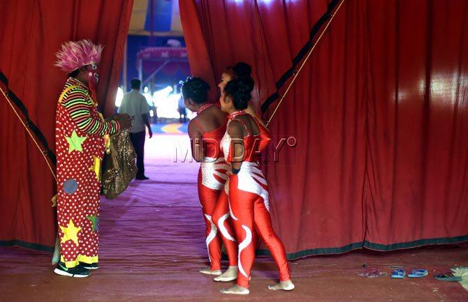Gymnasts wait for their turn on stage at Rambo Circus